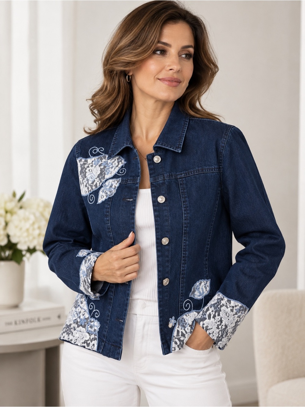 Choices Women’s Dark Indigo Denim Jacket Lace Floral Appliqué Size L